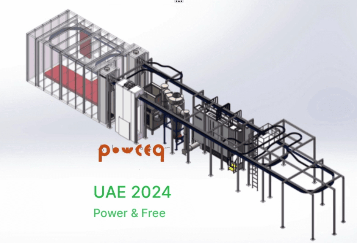 3D rendering of automated vertical powder coating line for aluminium profiles
