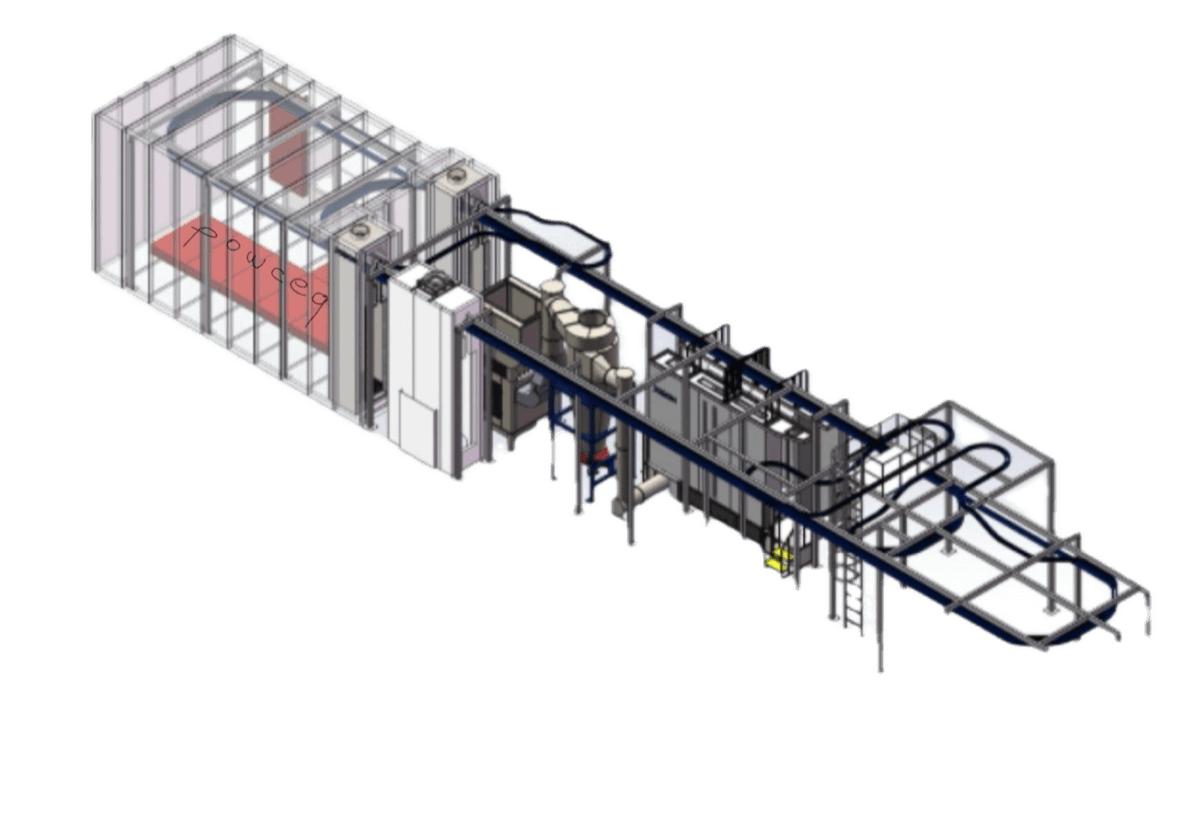 3D isometric view of complete aluminium powder coating system